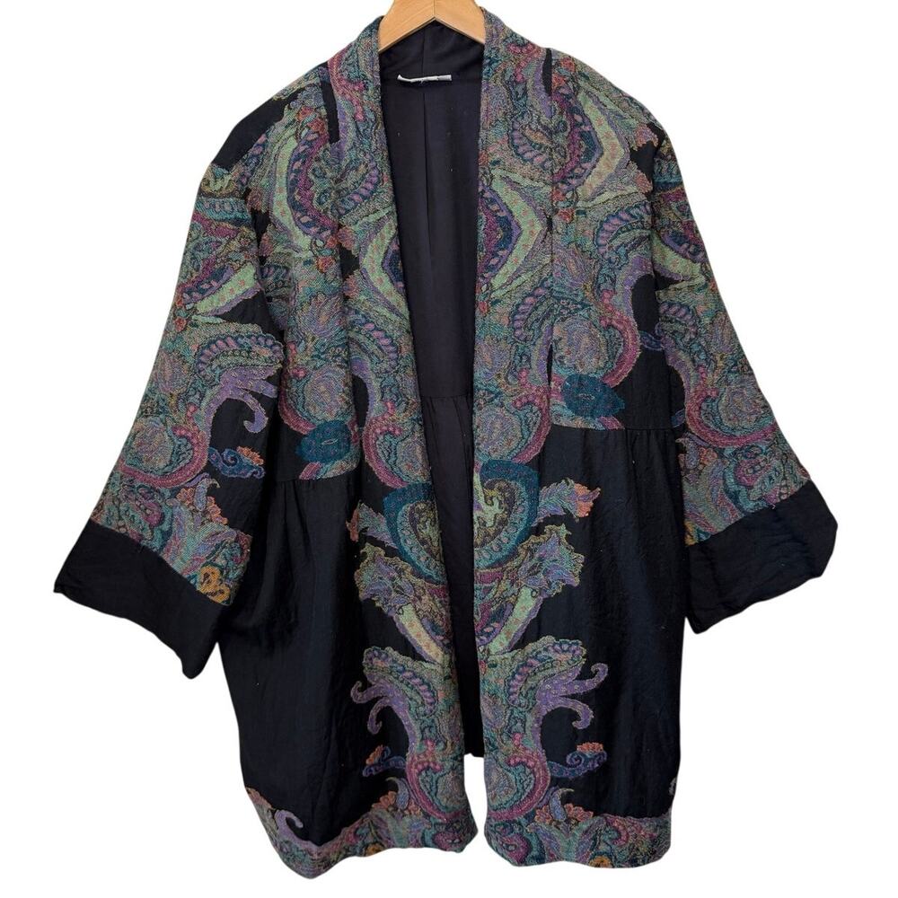 Soft Surroundings Paisley Boho Multicolor Open Front Jacket Cardigan Black XL